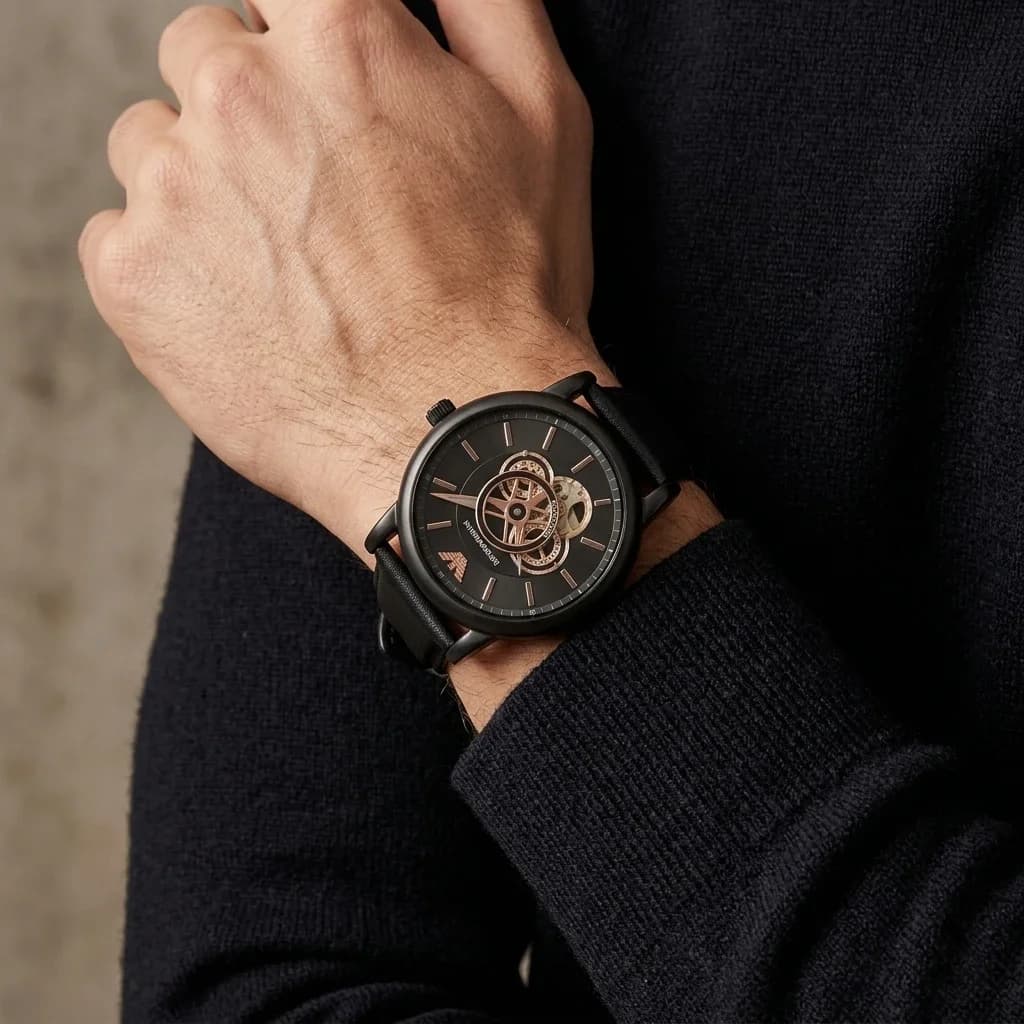 Montre Emporio Armani Meccanico AR60012 squelette bracelet cuir noir vue 6