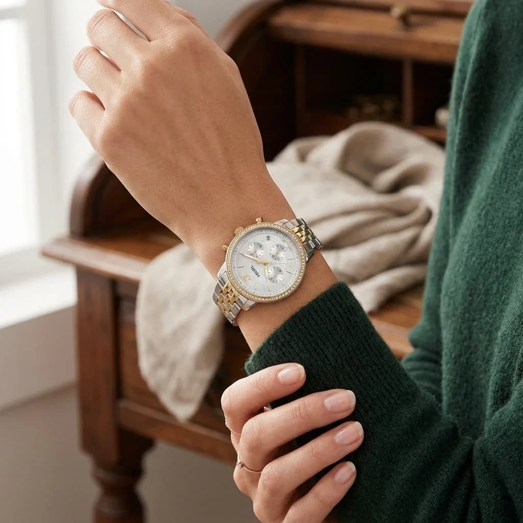 Mannequin femme portant la Montre Femme Fossil Neutra ES5216 cadran blanc nacré bracelet acier au poignet