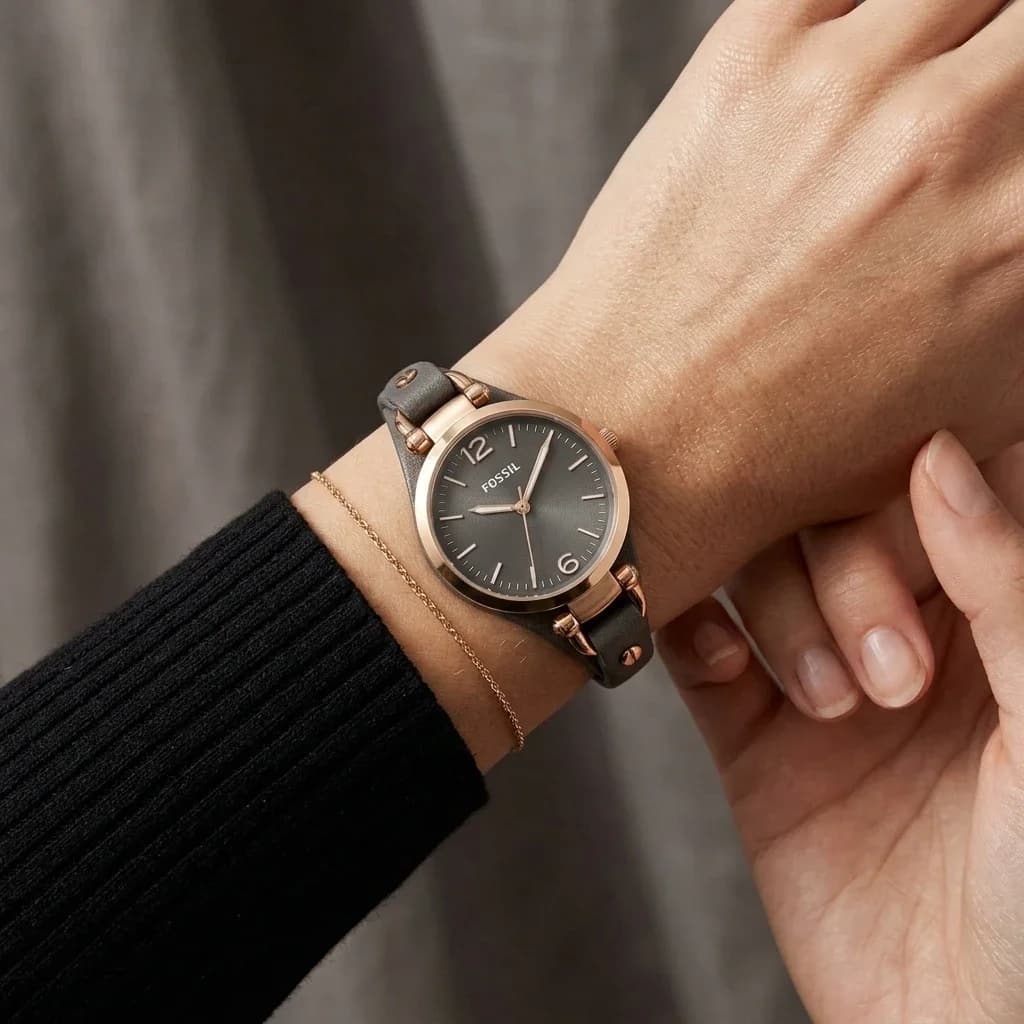 Fossil ES3077 Rose Gold Case and Grey Leather Strap Watch vue 5