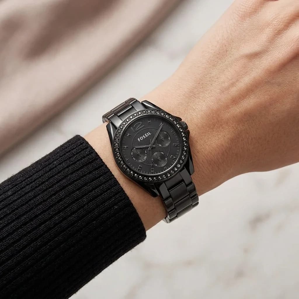 Fossil ES4519 Black Steel Watch with Crystal Crown vue 5
