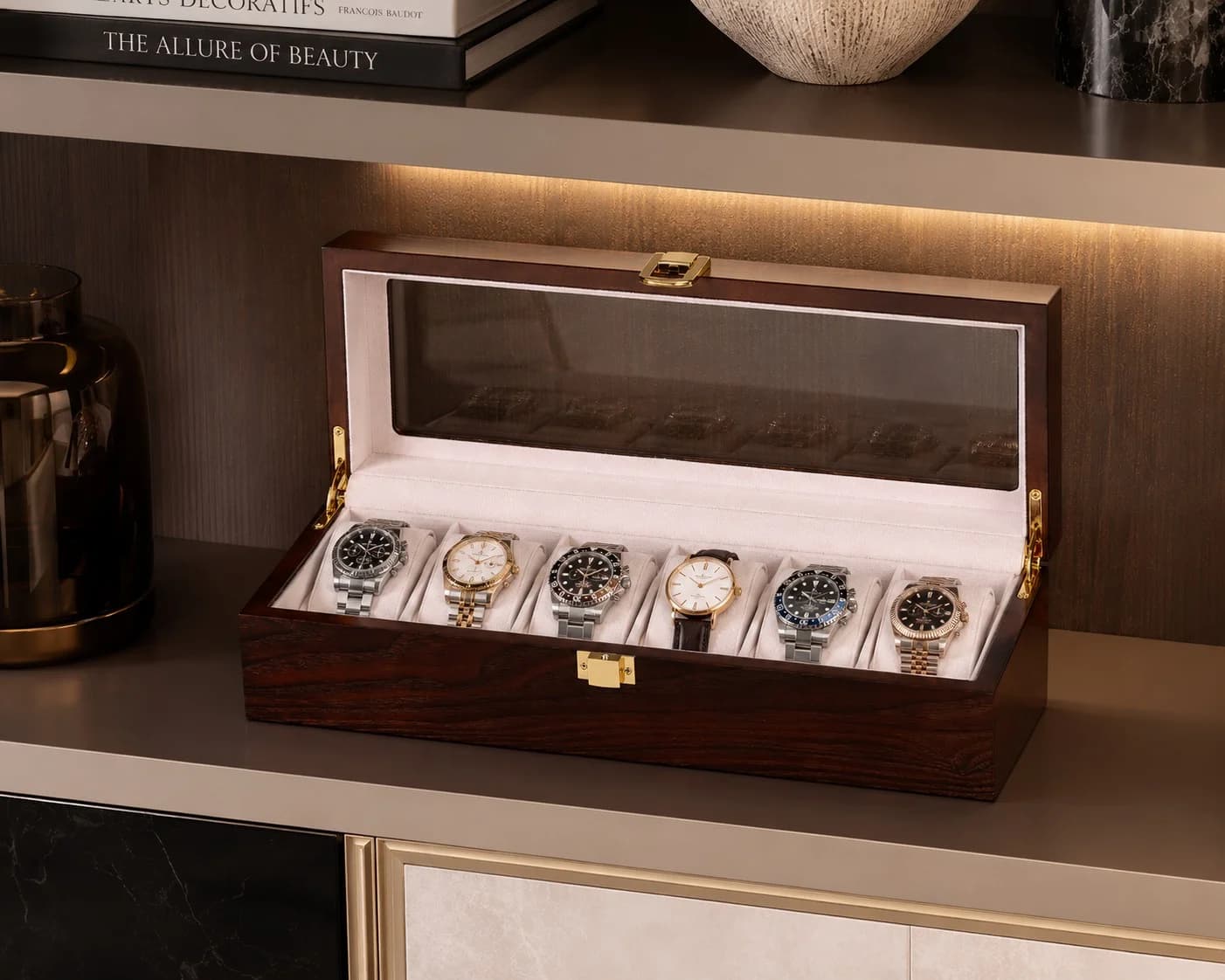 Boîte à montres Gandi 6 compartiments bois marron laqué avec vitrine vue 2