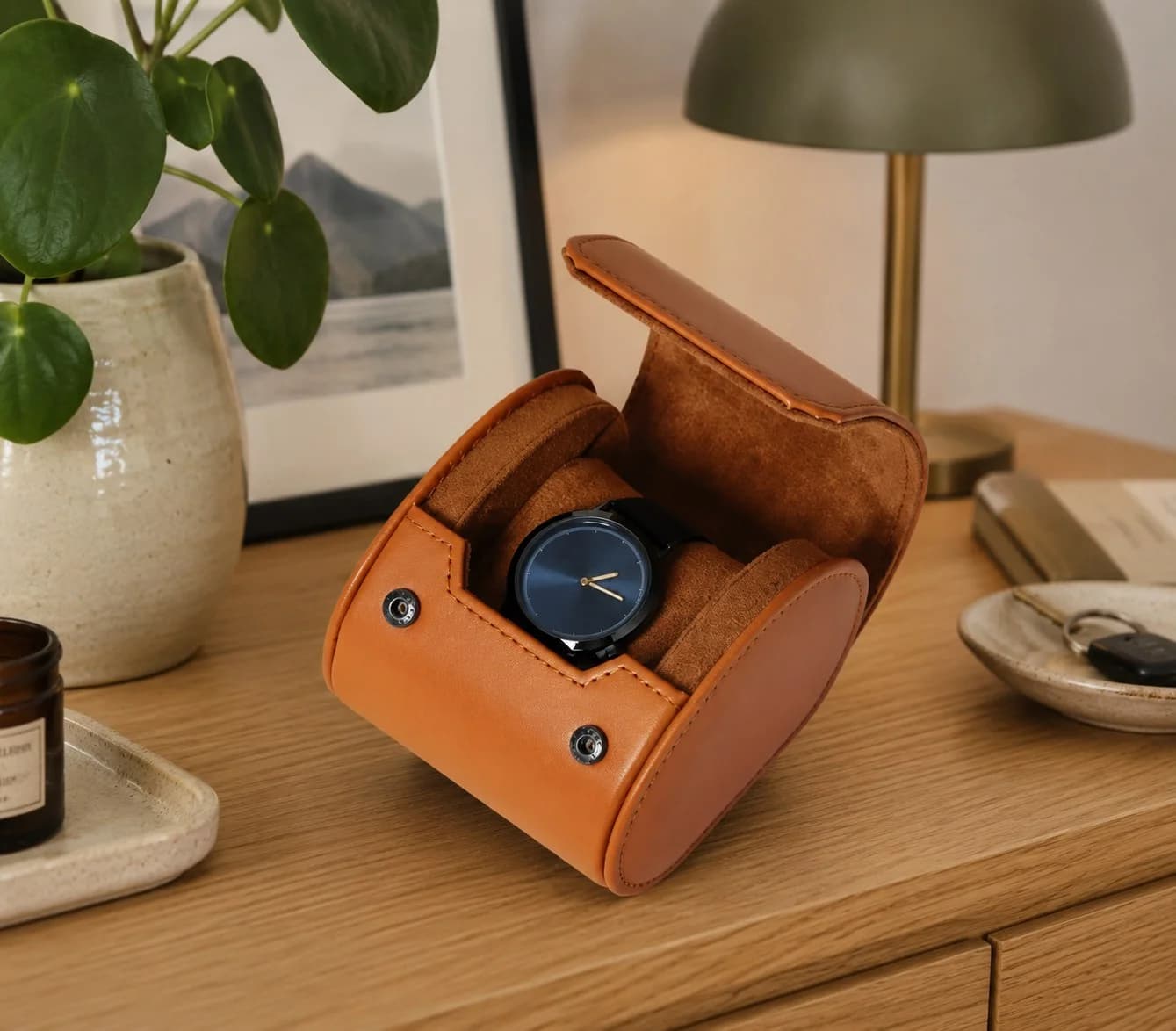 Étui Compact Voyage Verona Cuir Végétalien 1 Montre Marron Clair vue 3