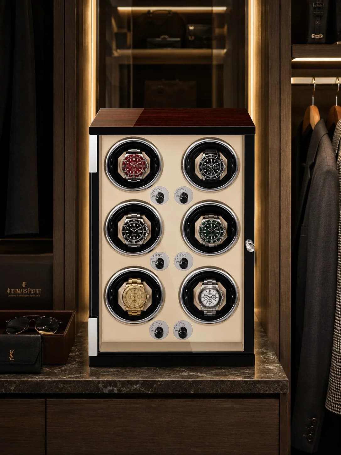 Capri Automatic Watch Winder for 6 Watches Ebony Wood Cream White PU Interior vue 2