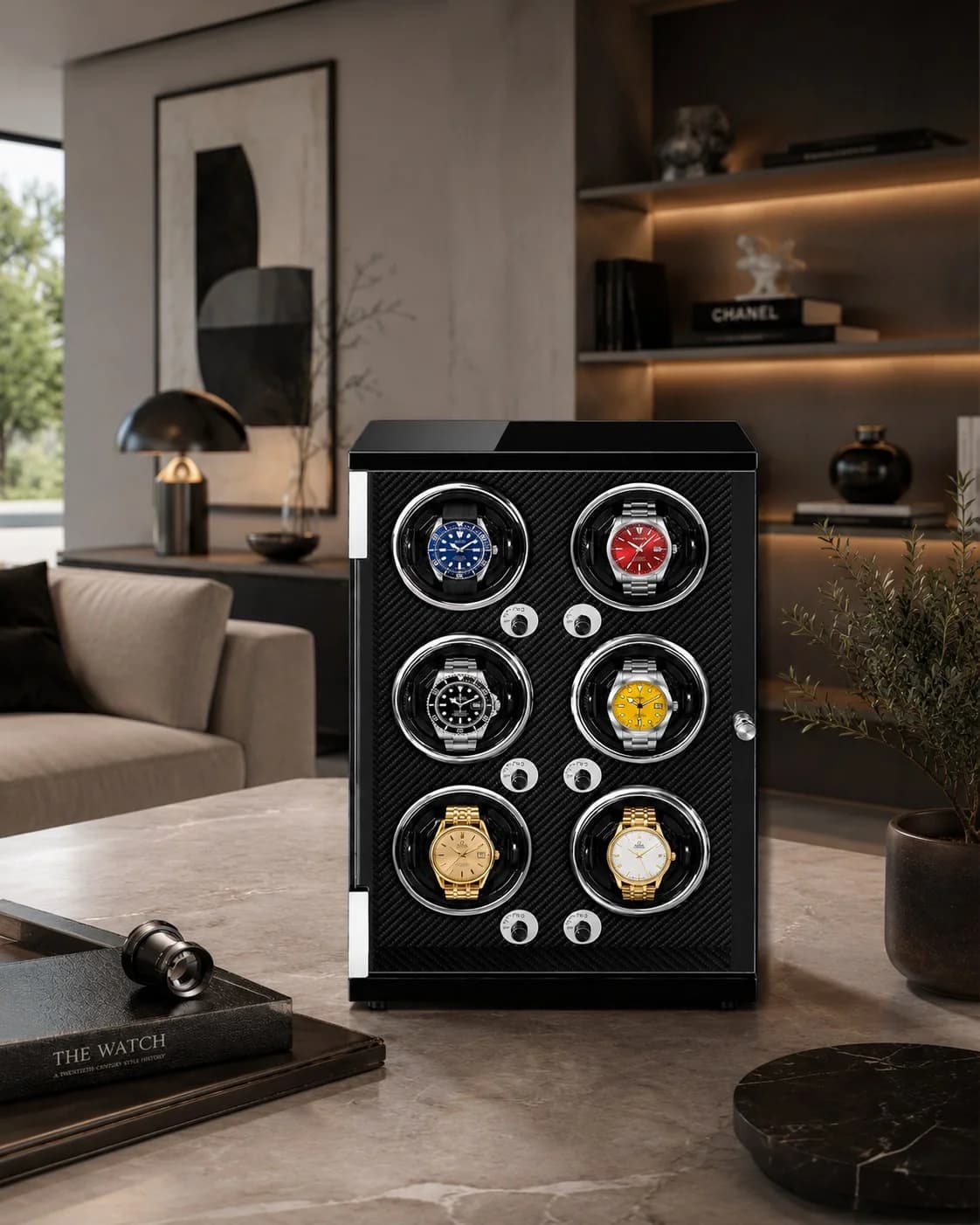 Imola 6 Watch Winder Automatic Carbon Fiber Black Lacquer Finish vue 2