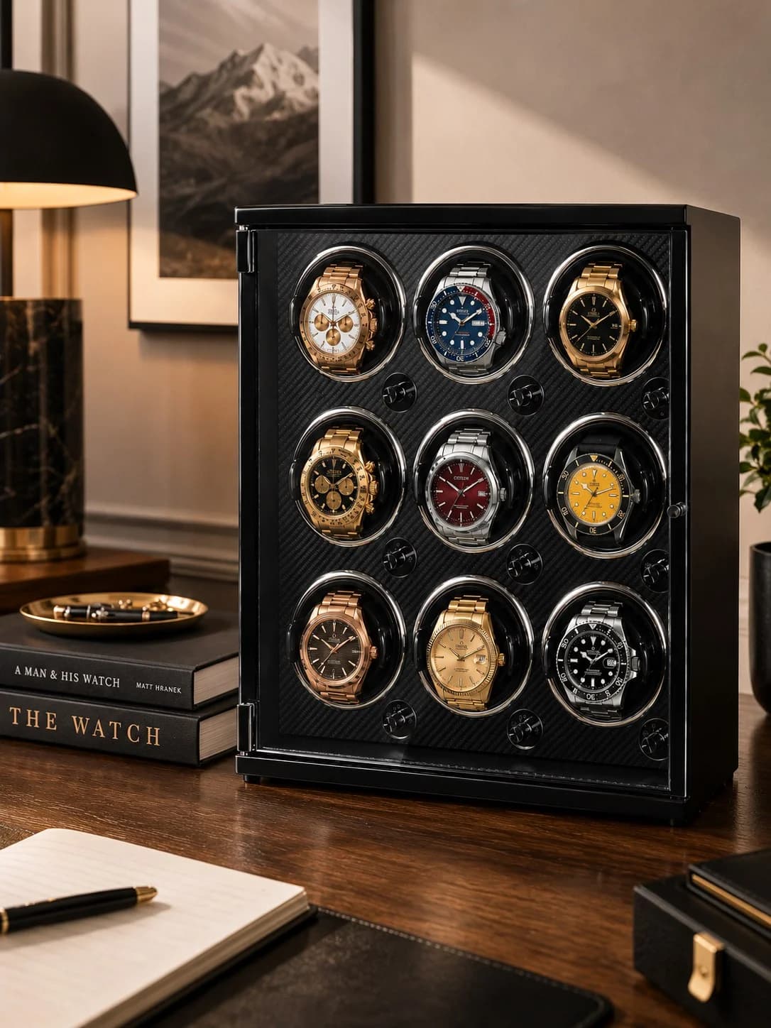 Remontoir à Montre Automatique 9 Montres Imola Noir Laqué Fibre de Carbone vue 2