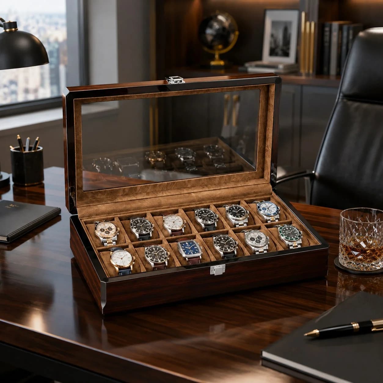 Milan Espresso Watch Box 12 Watches Solid Wood Beveled vue 3