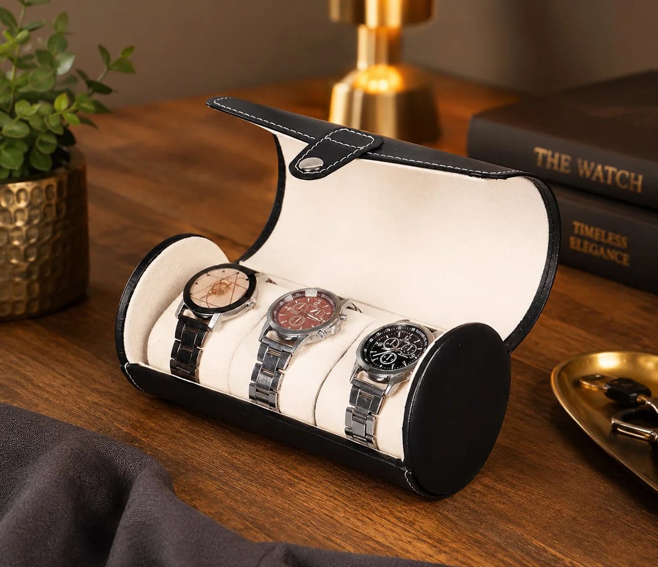 Étui Rouleau Cylindrique Voyager Noir 3 Montres, Watch Roll Simili-Cuir vue 4
