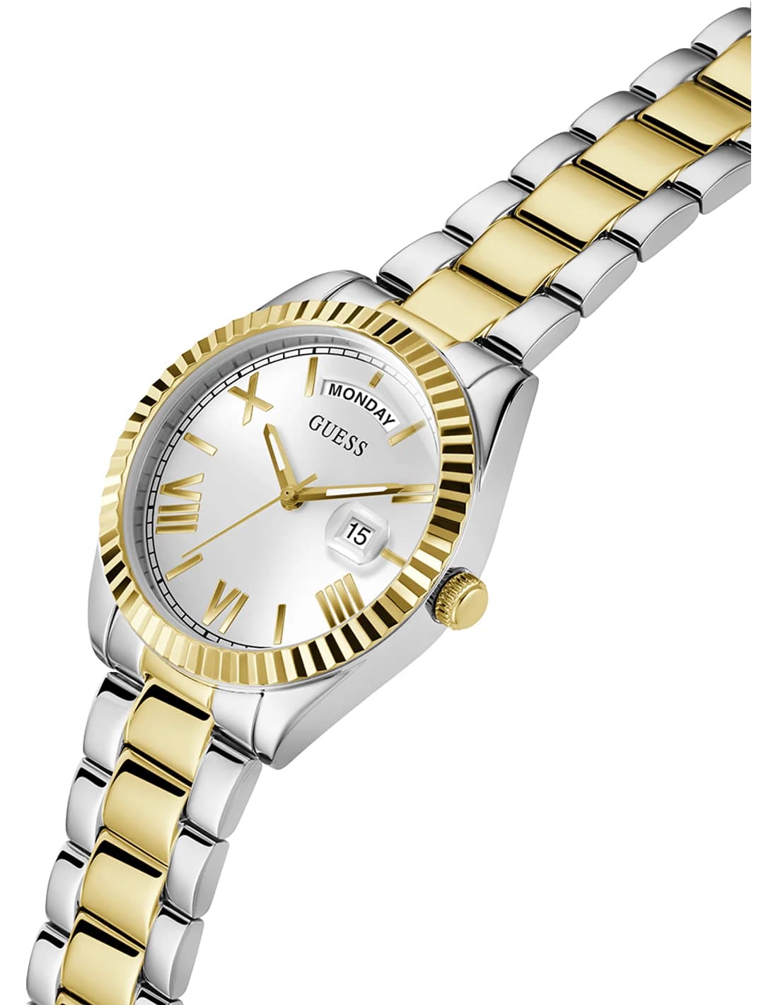 Gros plan sur le cadran argent de la Guess GW0308L6