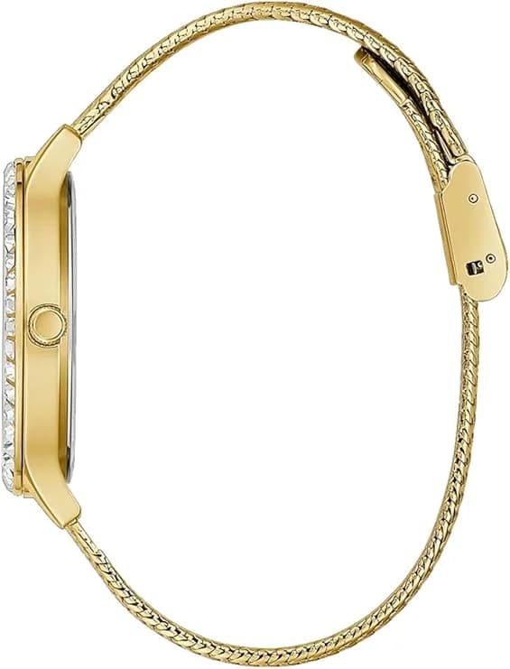 Montre Guess Soiree GW0402L2 femme dorée, boîtier serti et maille milanaise vue 3