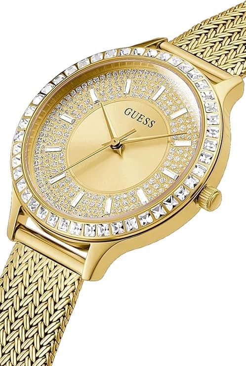 Montre Guess Soiree GW0402L2 femme dorée, boîtier serti et maille milanaise vue 2