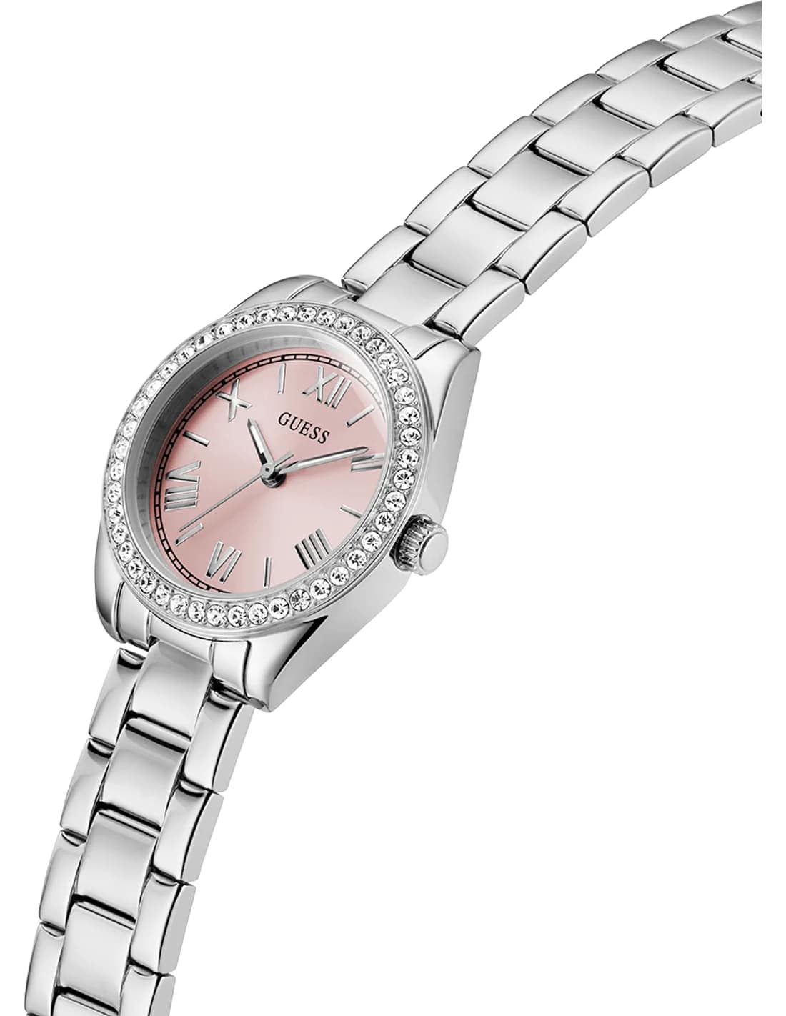 Gros plan sur le cadran rose de la Guess GW0841L4
