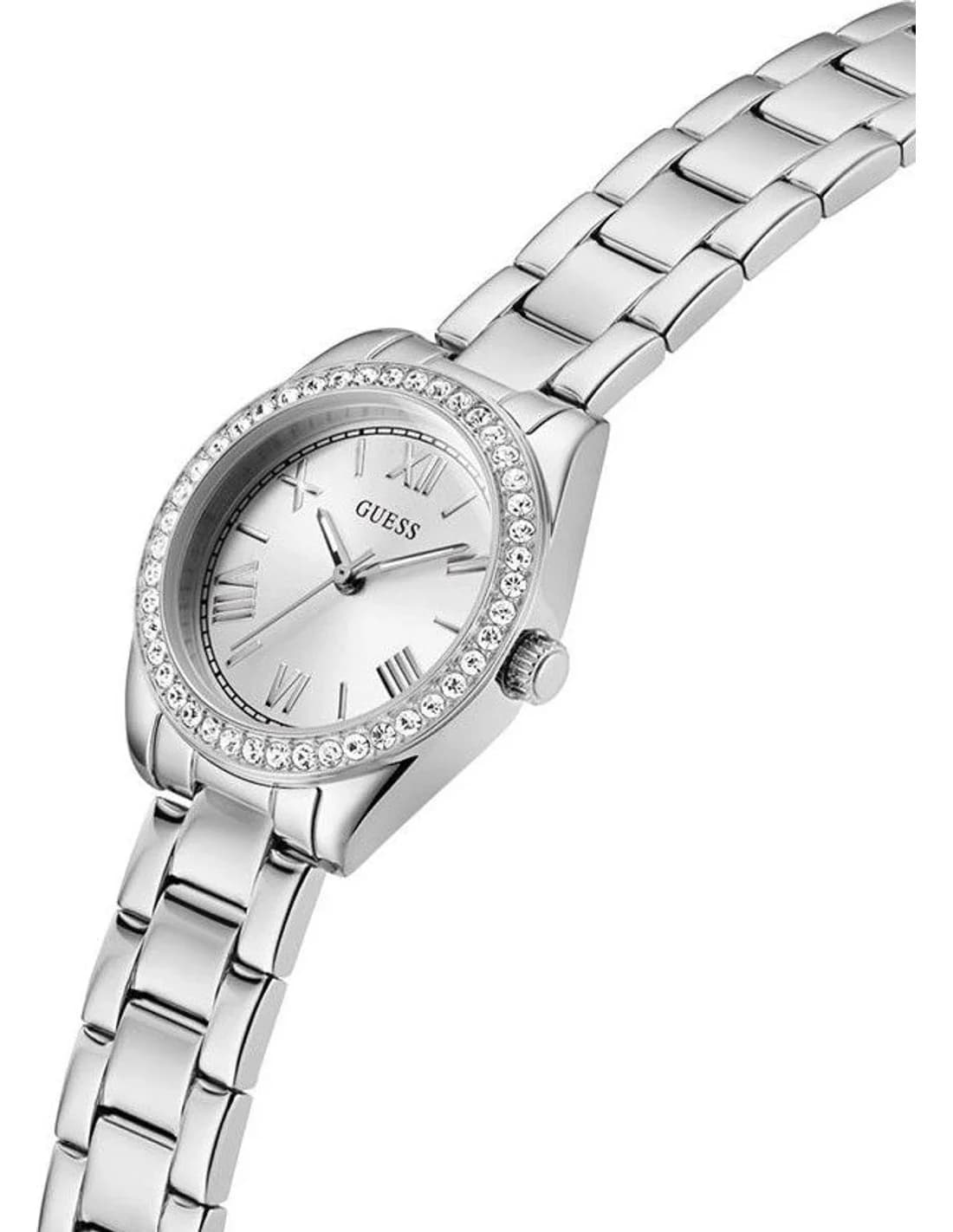 Gros plan sur le cadran argent de la Guess GW0841L6