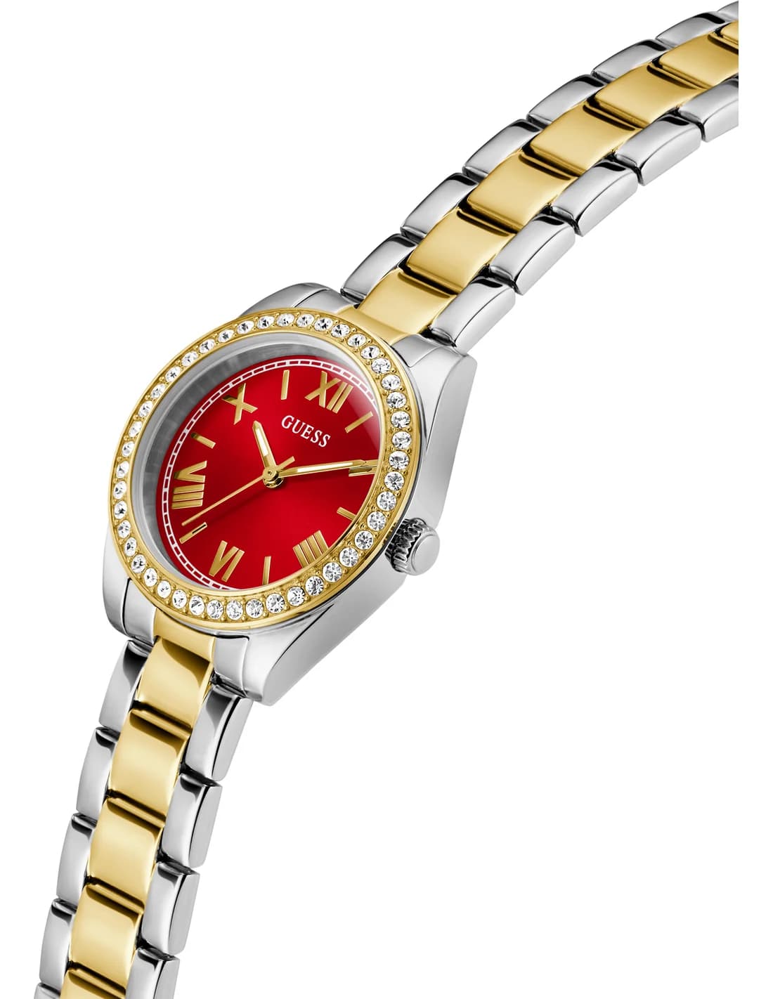 Gros plan sur le cadran rouge de la Guess GW0841L8