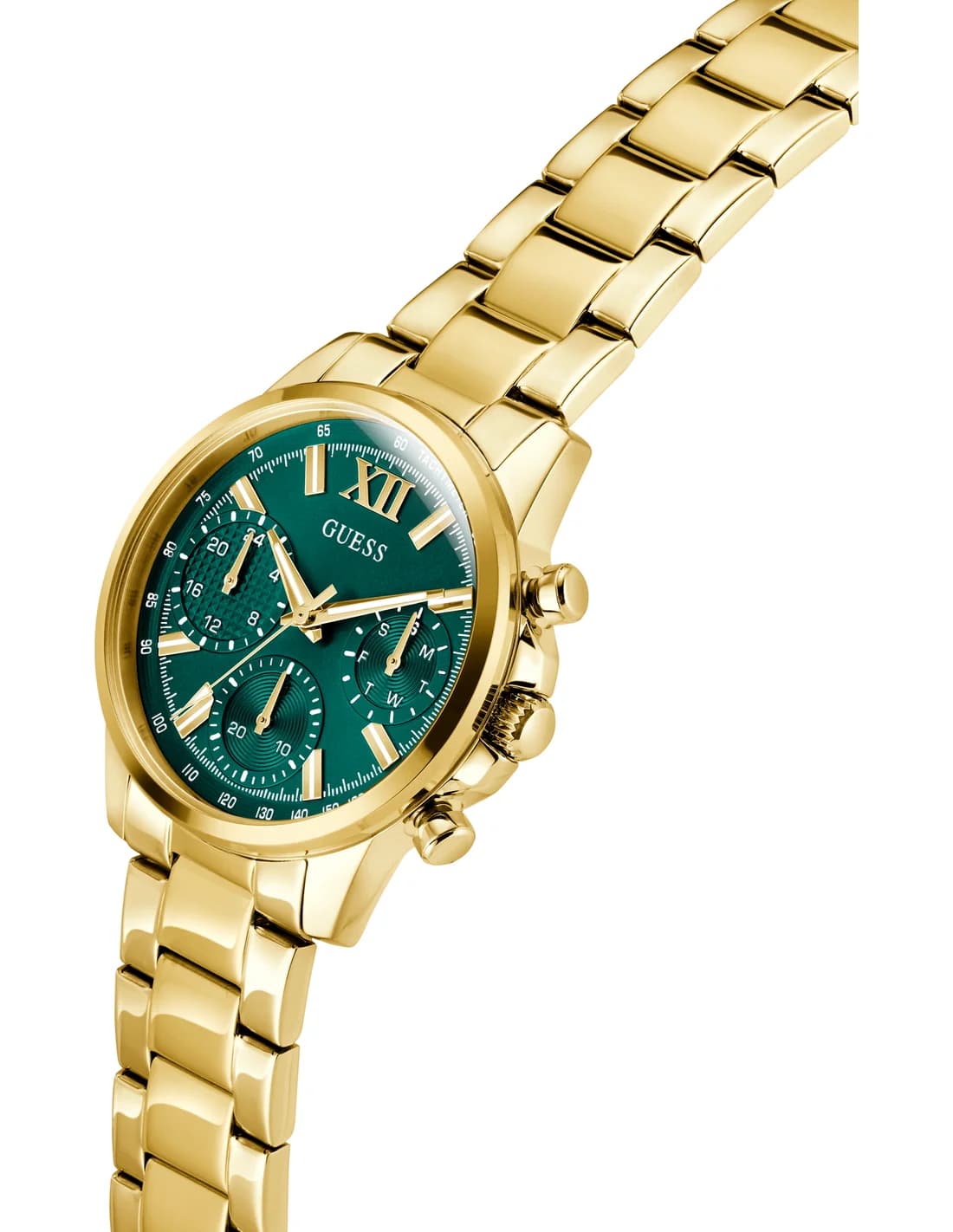 Gros plan sur le cadran vert de la Guess GW0933L6