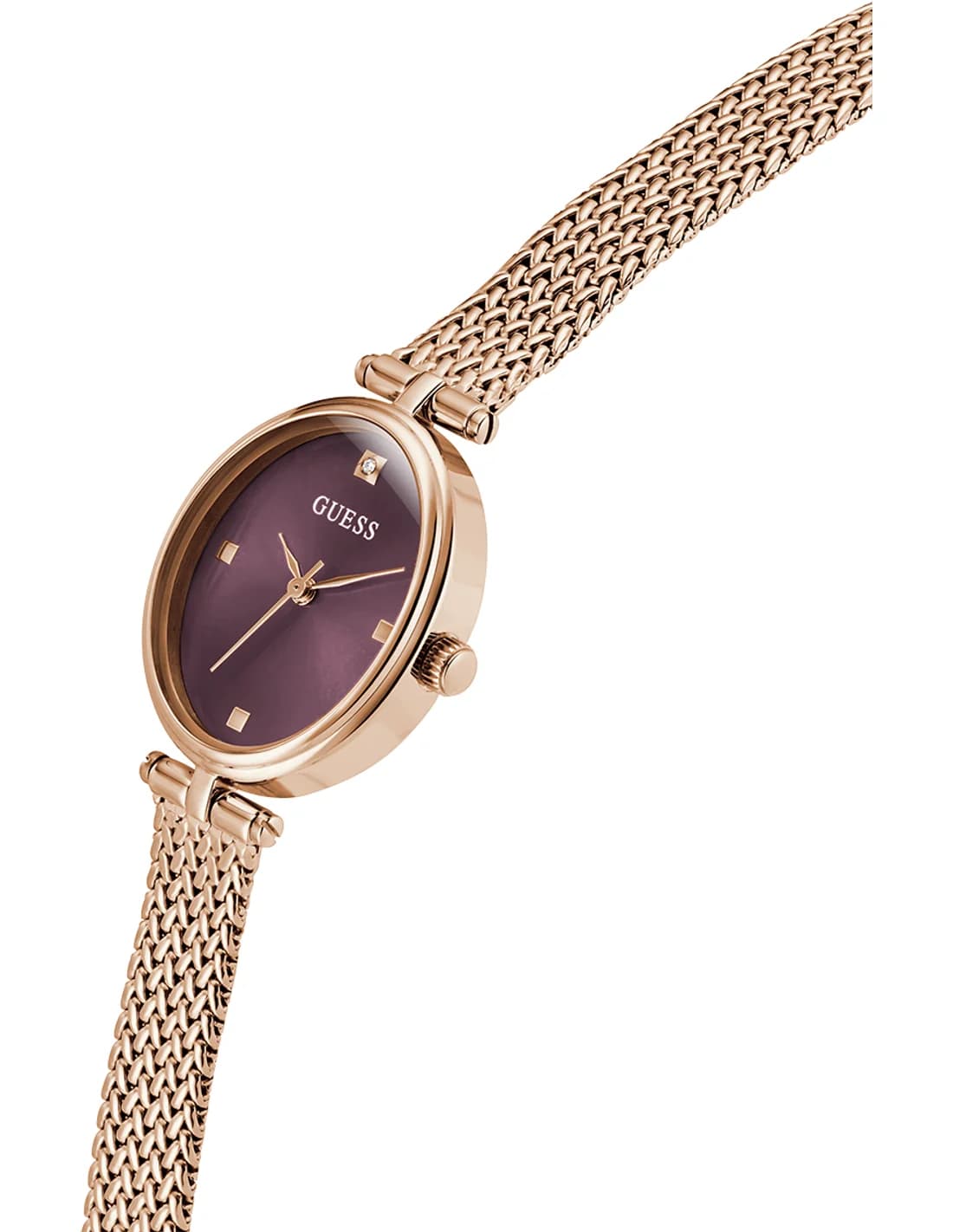 Gros plan sur le cadran bordeaux de la Guess GW0935L3