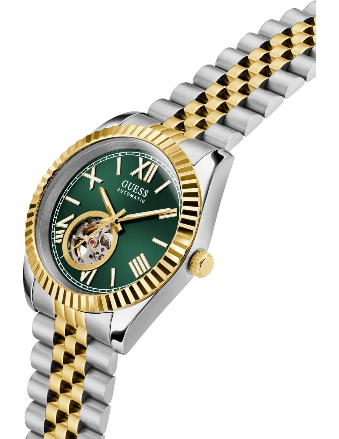 Gros plan sur le cadran vert de la Guess GW0984G4