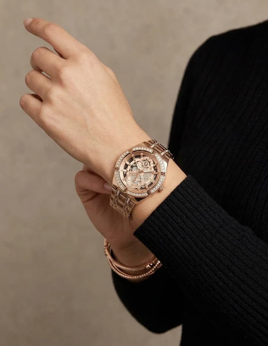 Guess Allara GW0604L3 Rose Gold Stainless Steel Skeleton Dial Crystal Multifunction Women's Watch vue 6