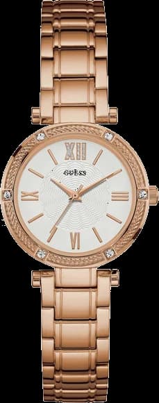 Montre Femme Guess Boîtier en or rose W0767L3 Cadran blanc Acier inoxydable Bracelet en or rose Quartz