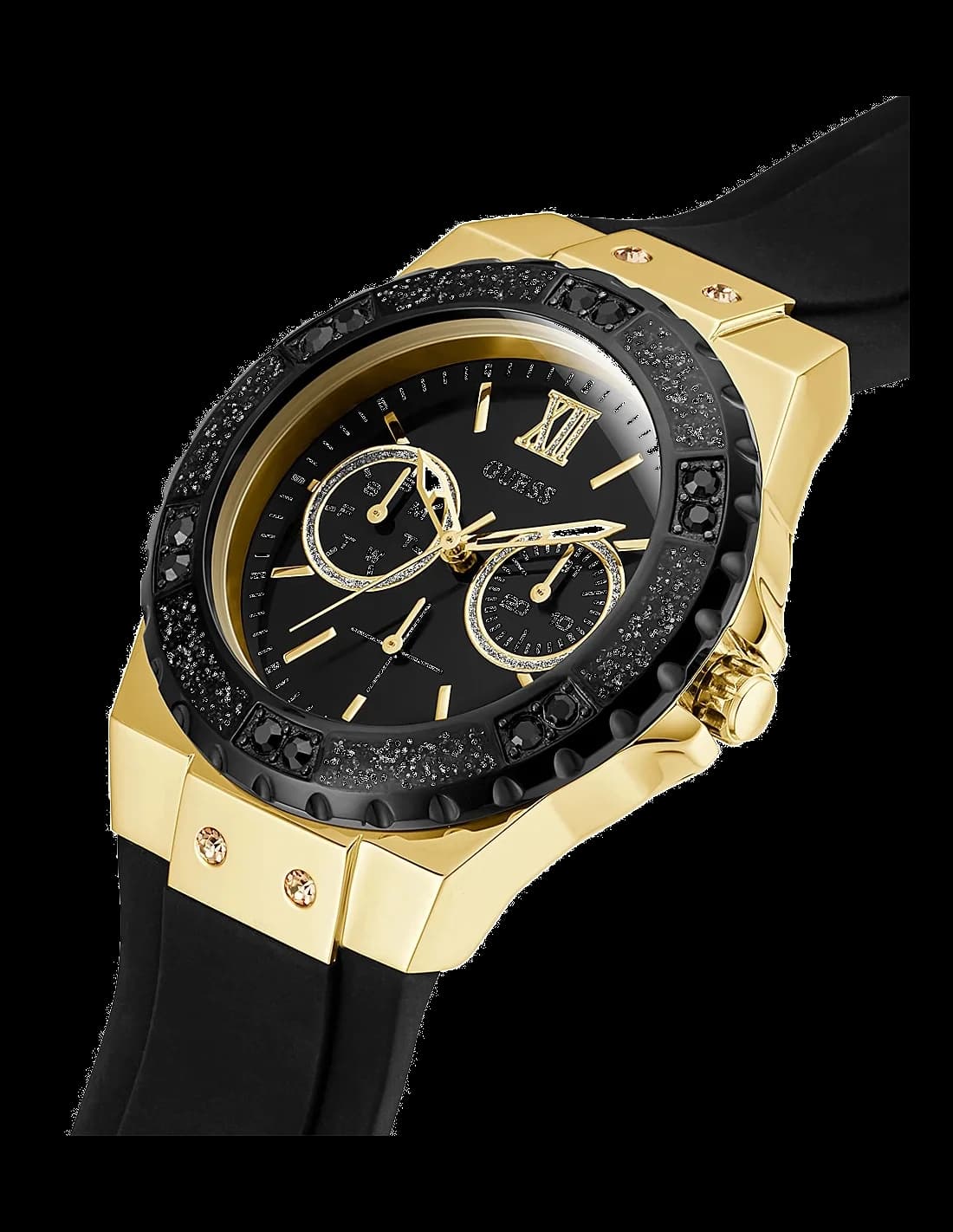 Gros plan sur le cadran noir de la Guess W1053L7