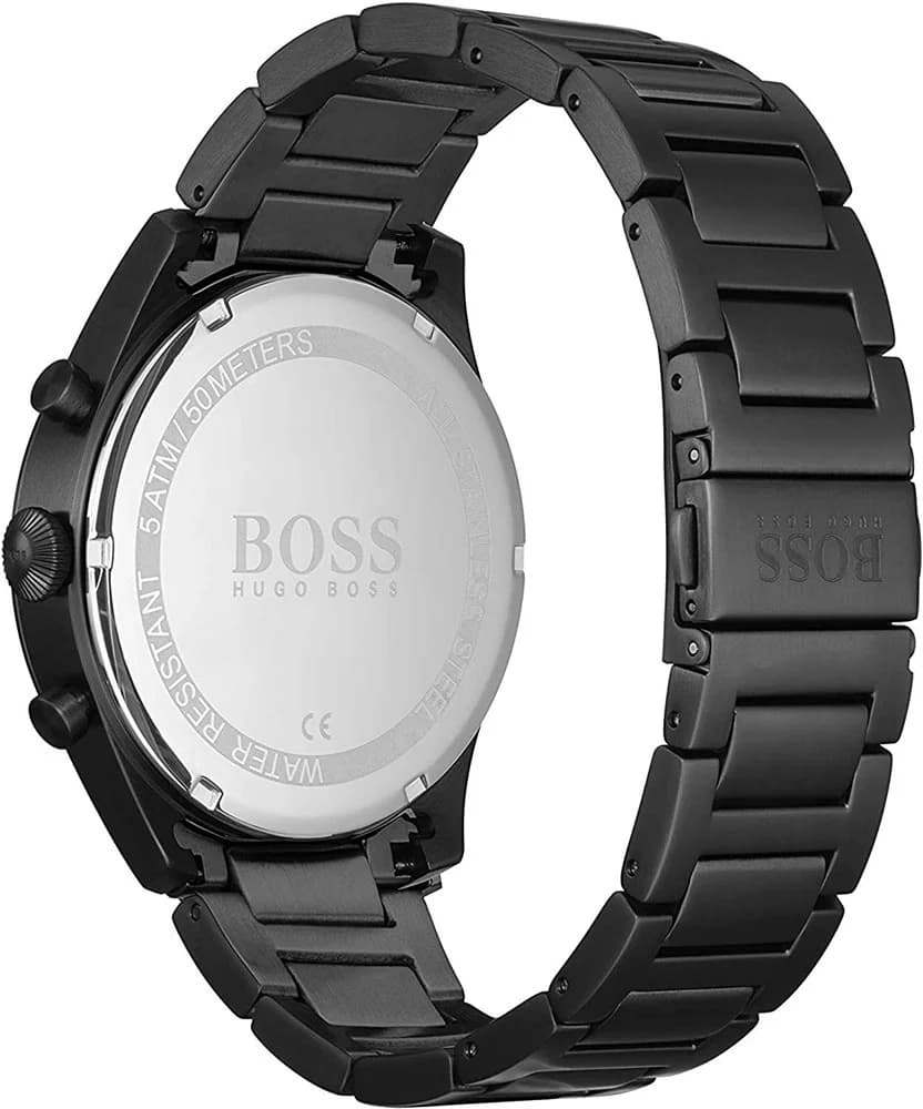 Gros plan sur le cadran noir de la Hugo Boss 1513714