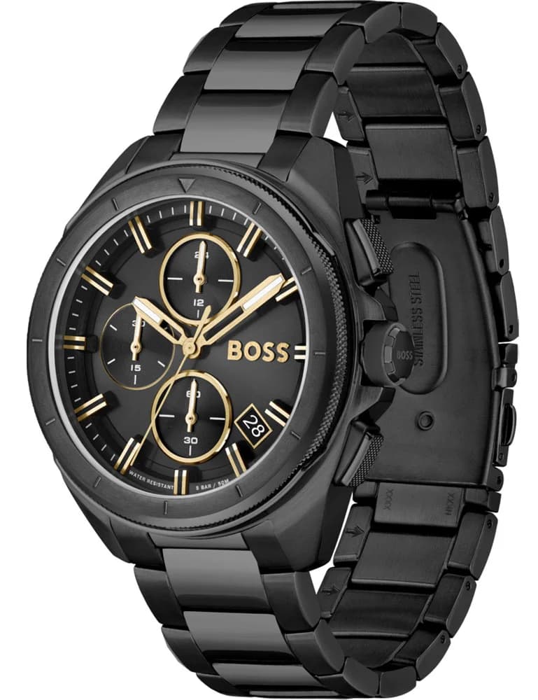 Gros plan sur le cadran noir de la Hugo Boss 1513950