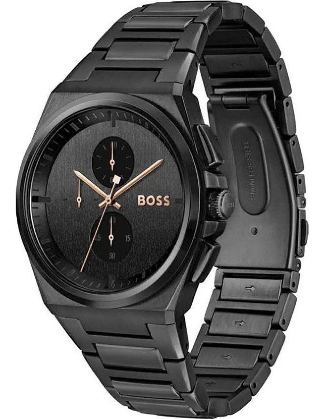 Gros plan sur le cadran noir de la Hugo Boss 1514068