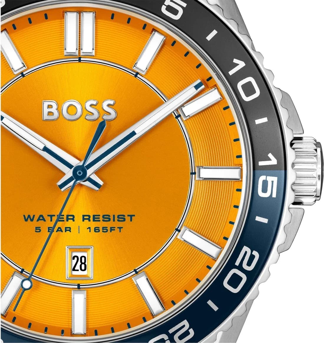 Gros plan sur le cadran orange de la Hugo Boss 1514206