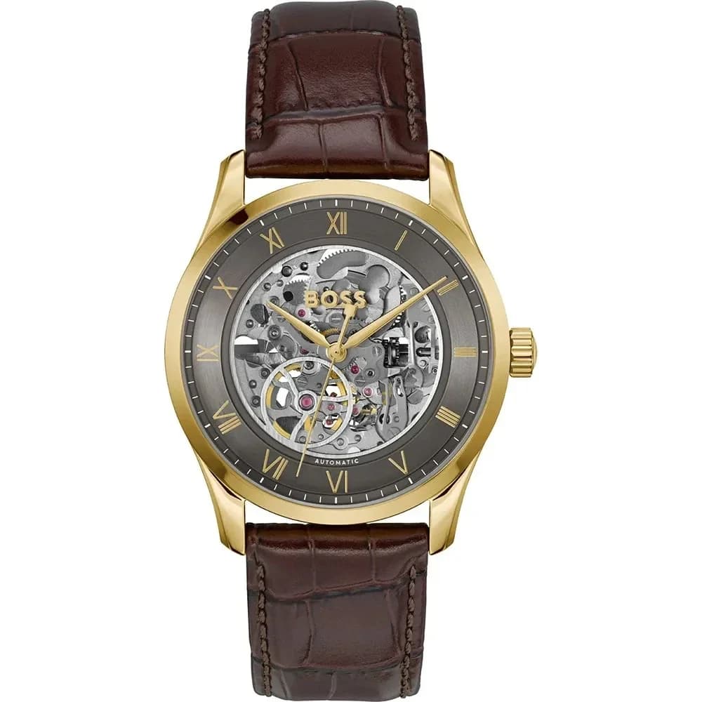 Montre Hugo Boss Principle 1514235 homme dorée, bracelet Cuir (veau crocodile embossé)