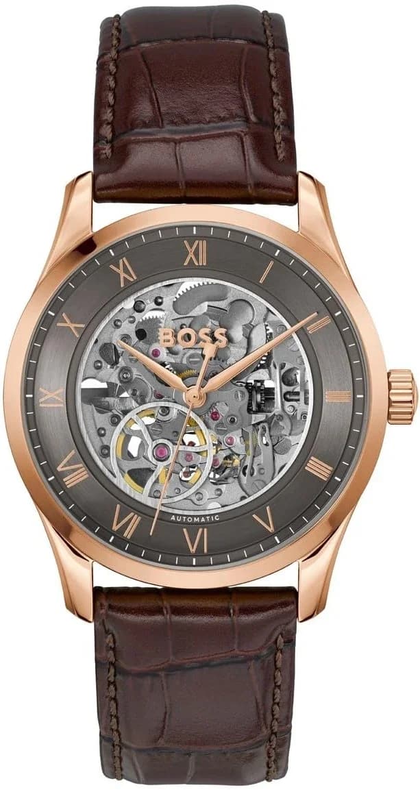 Montre Hugo Boss Principle Skeleton 1514253 homme grise, bracelet Cuir marron