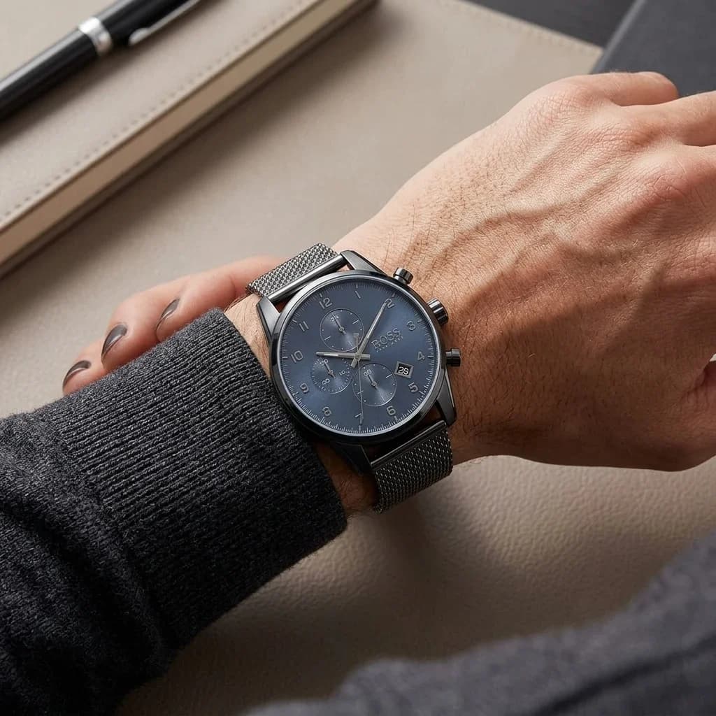 Montre Homme Hugo Boss Skymaster 1513836 bracelet maille milanaise métal bleu vue 6