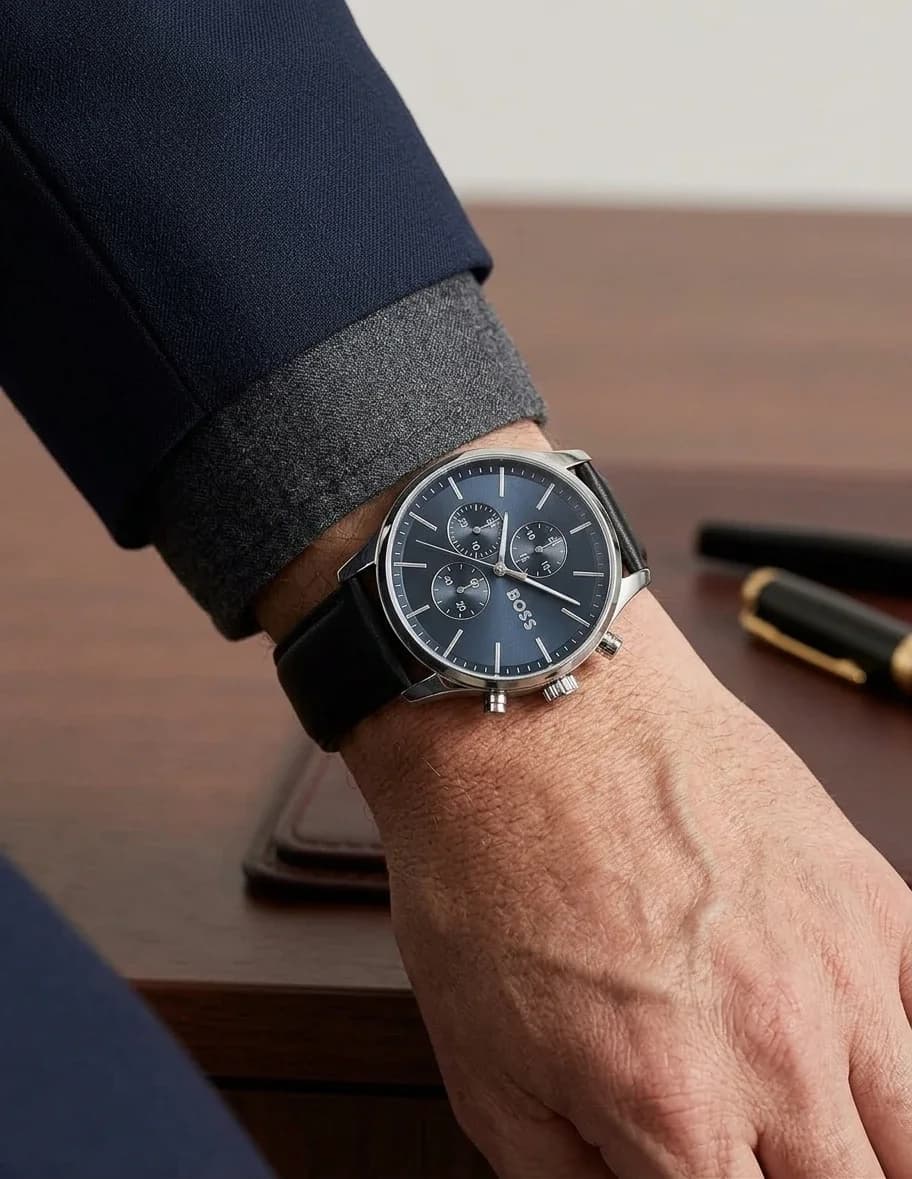 Hugo Boss 1514156 Avery Blue Dial Black Leather Strap Men's Watch vue 5