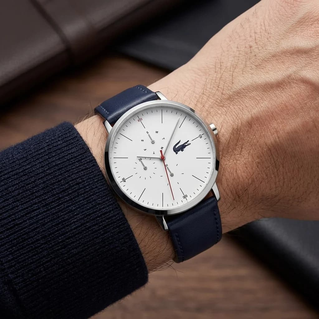 Montre Lacoste 2010975 Bracelet Cuir Bleu et Cadran Blanc Multifonctions vue 2