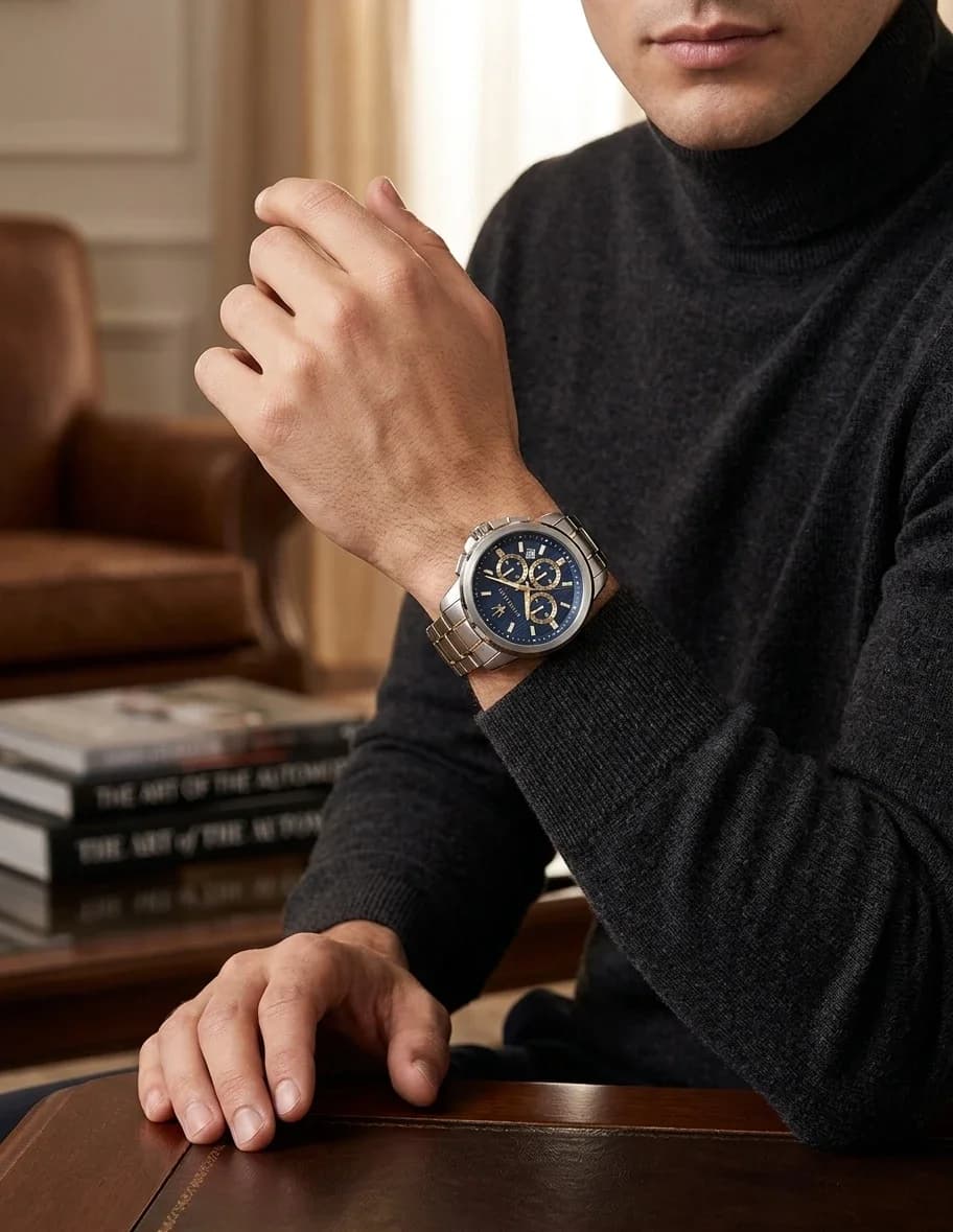 Montre Homme Maserati Successo R8873621016 chronographe cadran bleu bracelet en acier inoxydable bicolore vue 5