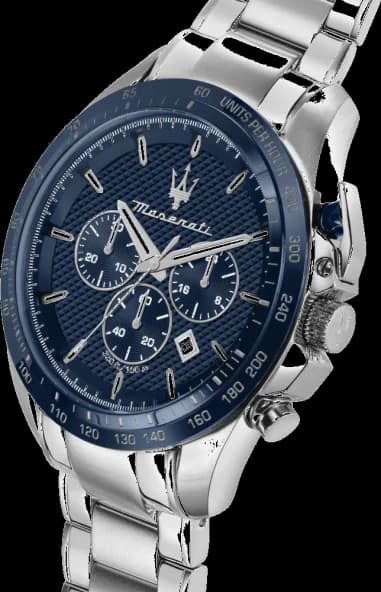 Gros plan sur le cadran bleu de la Maserati R8873612043