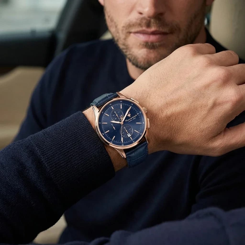 Montre Maserati R8871624009 Sorpasso en Acier Or Rose et Cuir Bleu Marine vue 6