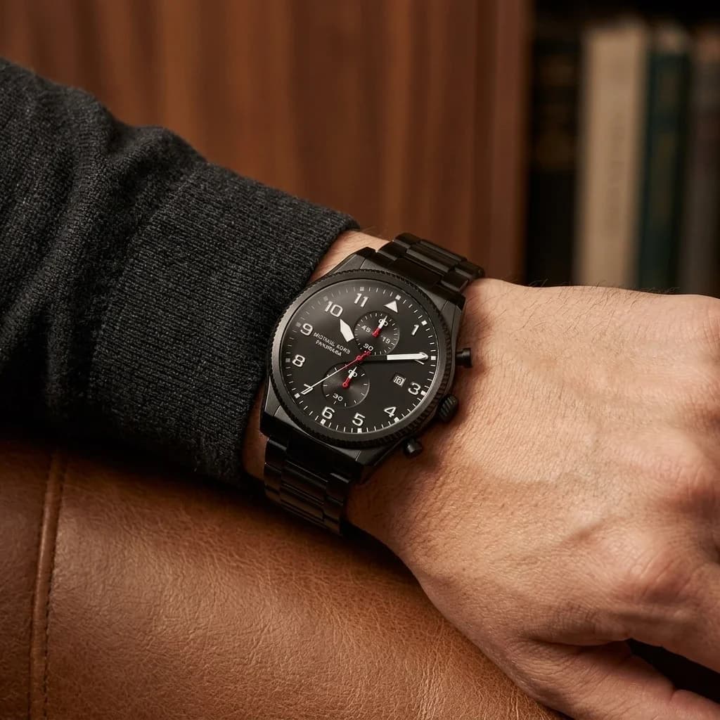 Montre Michael Kors Panorama MK9198 homme noire, bracelet maillons acier vue 5