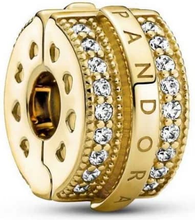 Charm Pandora Clip Métal doré à l'or fin 585/1000 Lignes Pavé & Logo Pandora Signature