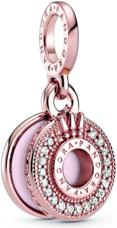 Charm Pandora Double Pendant Métal doré à l'or rose fin 585/1000 O Couronné Pavé Signature Pandora