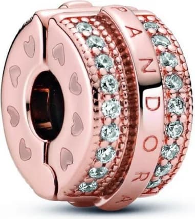 Pandora Charm Metal gilded with fine pink gold 585/1000 Pavé Lines Clip & Pandora Signature Logo