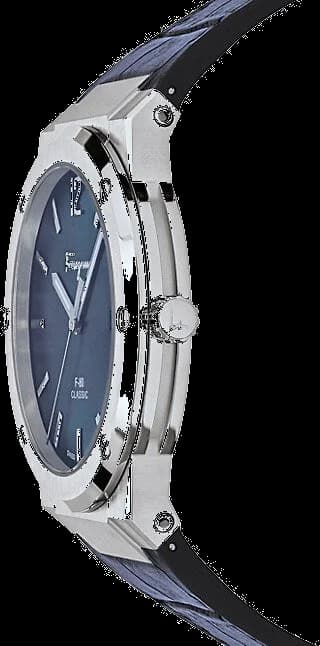 Gros plan sur le cadran bleu de la Salvatore Ferragamo SFDT00319