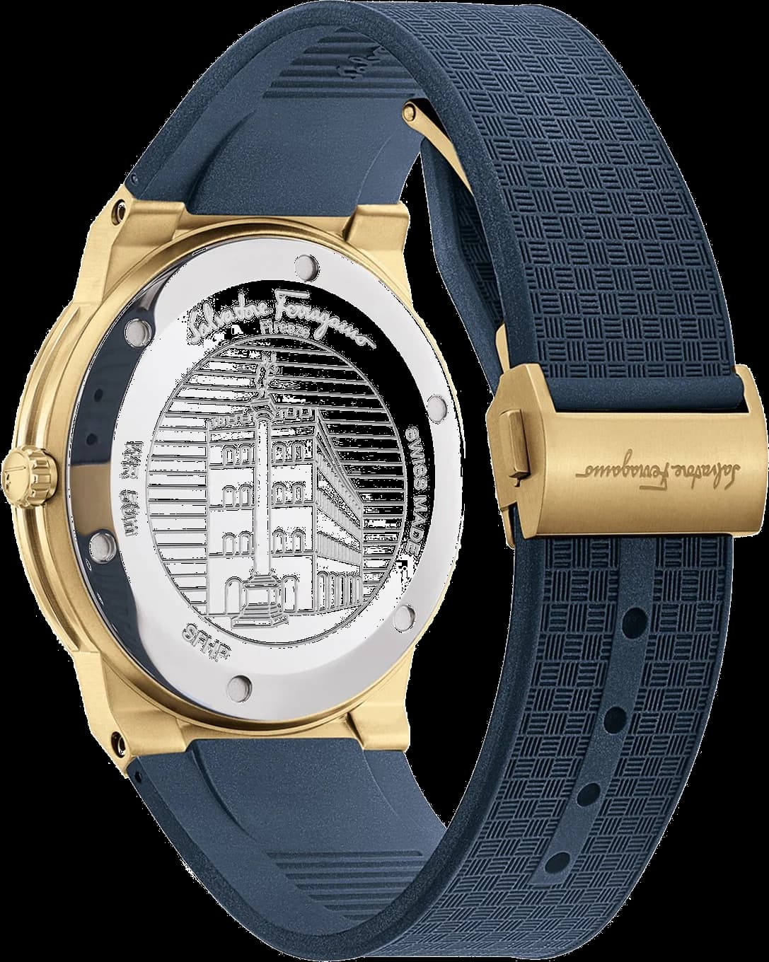 Gros plan sur le cadran bleu de la Salvatore Ferragamo SFHP00220