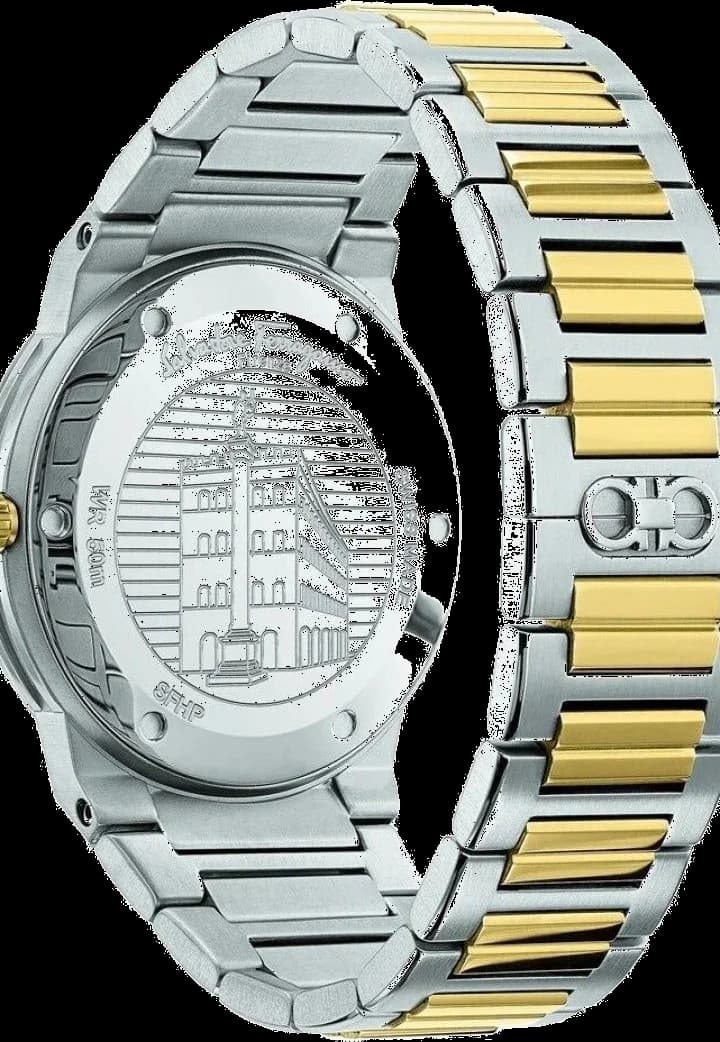 Gros plan sur le cadran blanc de la Salvatore Ferragamo SFHP00520