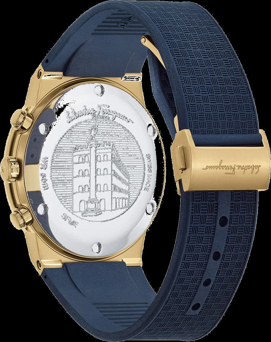 Gros plan sur le cadran bleu de la Salvatore Ferragamo SFME00221