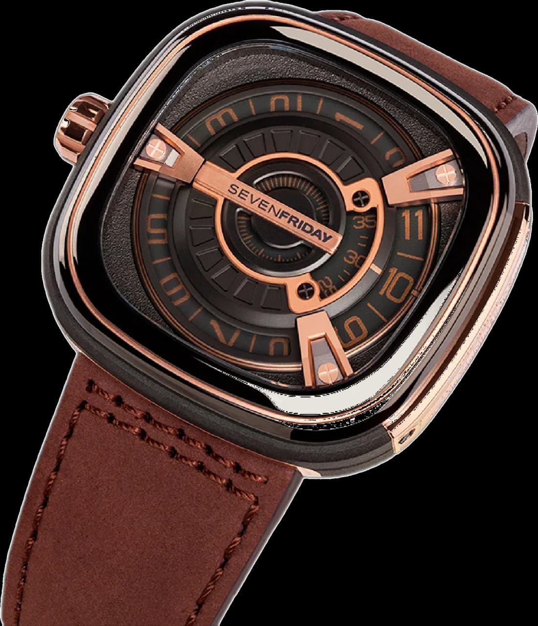 Sevenfriday M2/02 Automatic PVD Rose Gold Stainless Steel and Calf Leather Watch vue 6