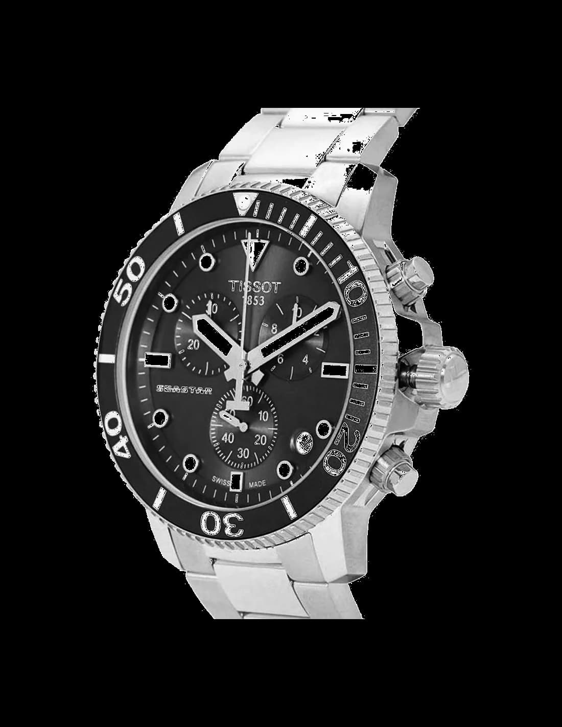 Gros plan sur le cadran noir de la Tissot T1204171105100