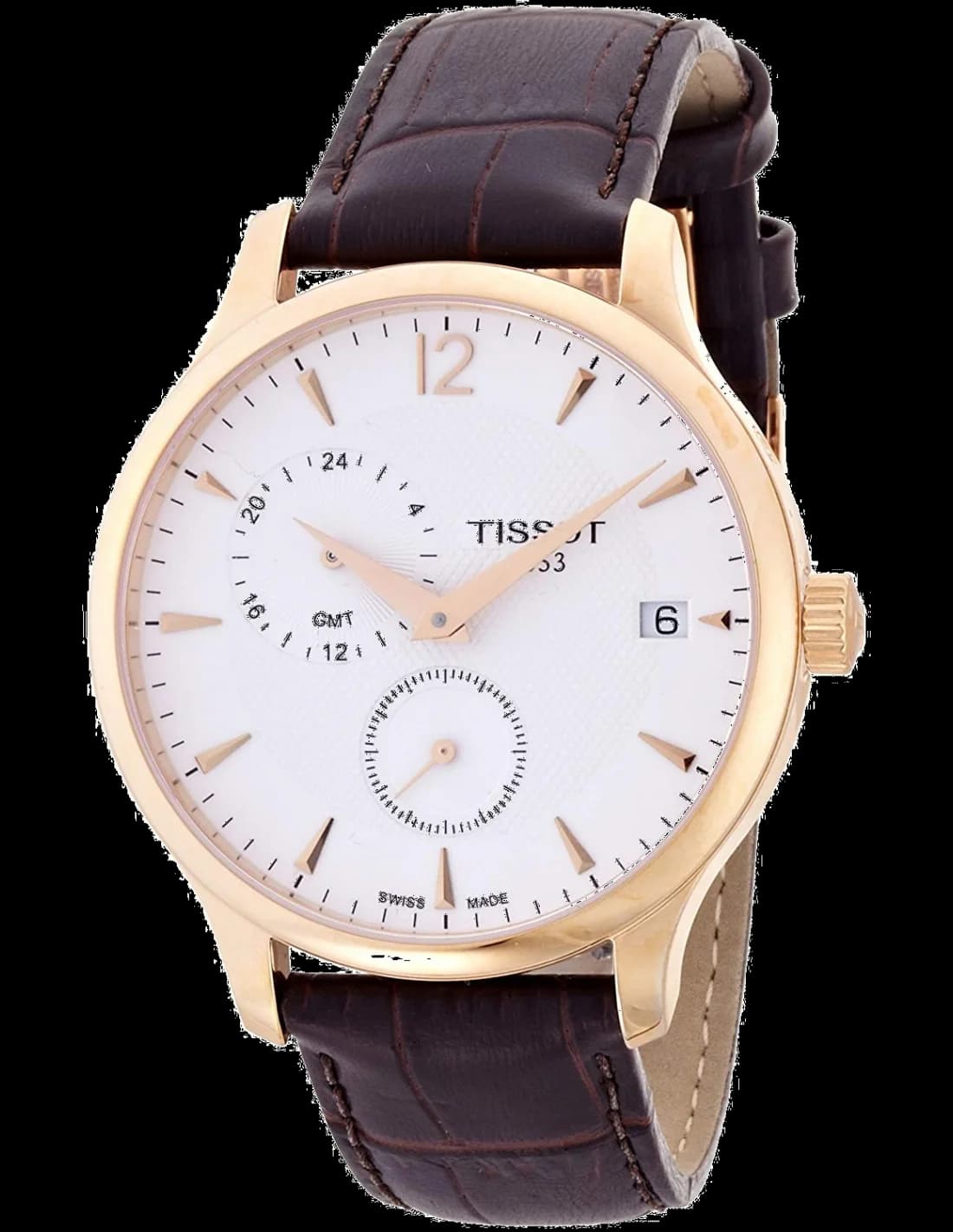 Montre Tissot T0636393603700 Tradition GMT avec Bracelet en Cuir Brun et Finition Or Rose vue 2