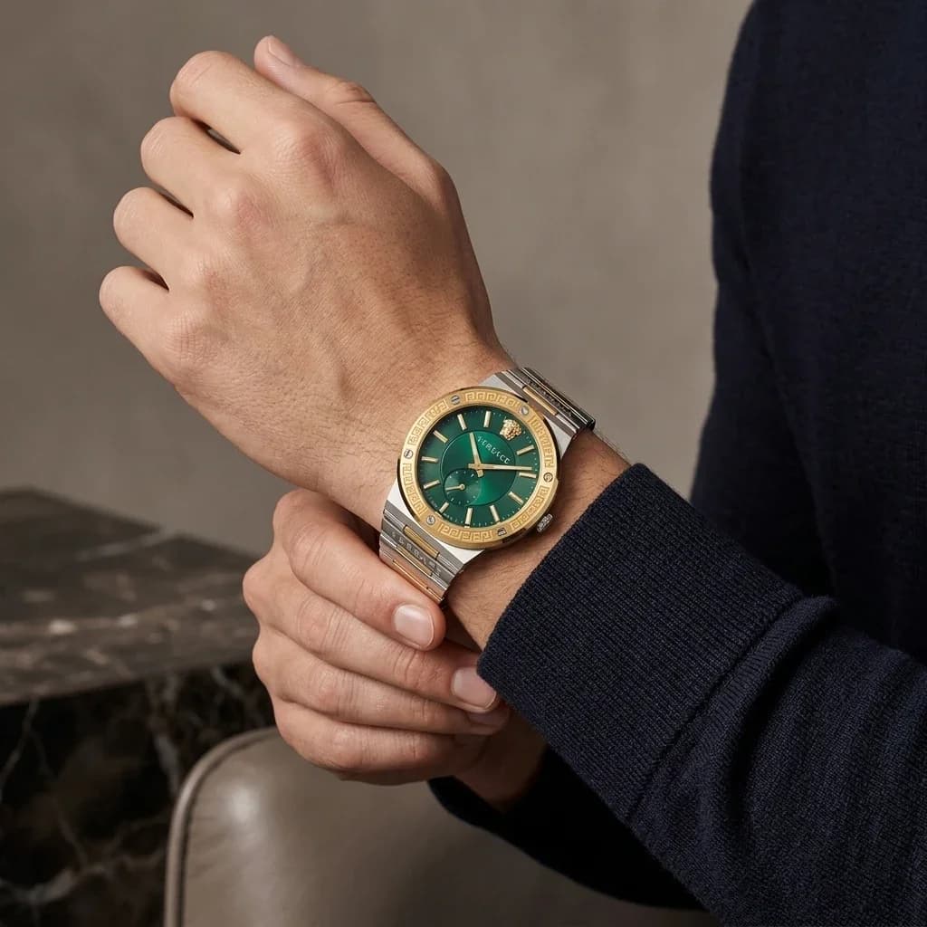 Montre Homme Versace Greca Logo VEVI00420 bracelet acier argent doré cadran vert vue 5