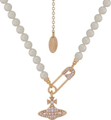 Collier Lucrece Vivienne Westwood épingle à nourice dorée a perles logo pavé de cristaux