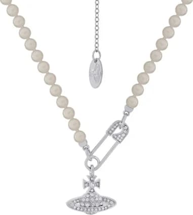 Collier Lucrece Vivienne Westwood épingle à nourice argéntée a perles logo pavé de cristaux